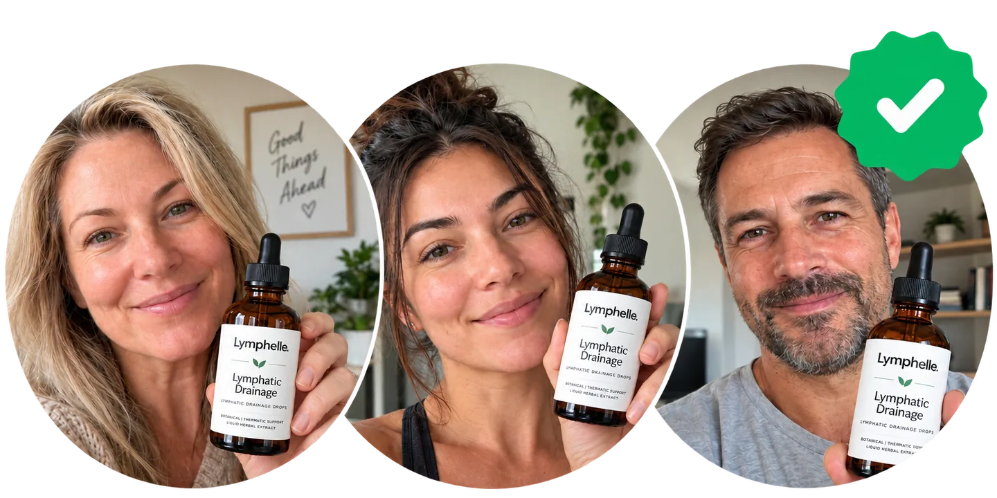 Three customers holding Lymphelle bottles