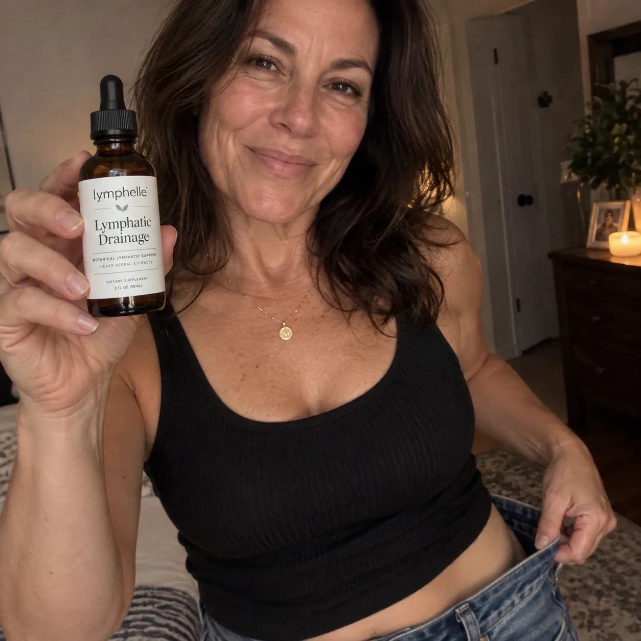 Holding the Lymphelle bottle beside looser jeans