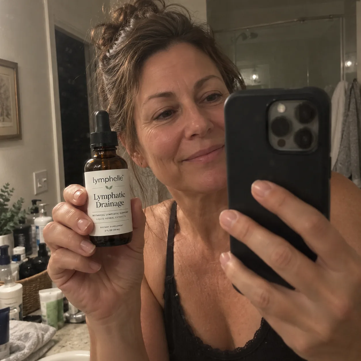 Mirror photo holding the Lymphelle bottle